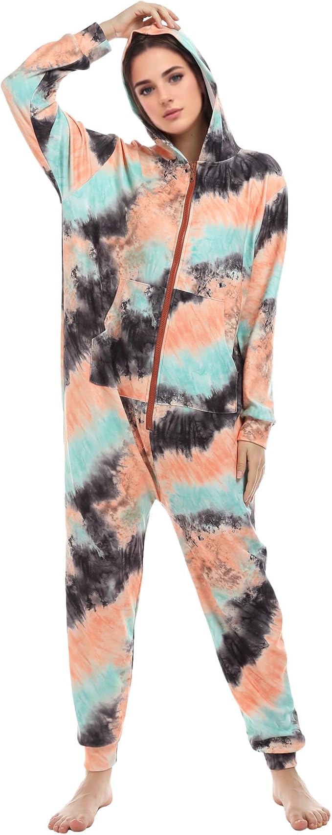 Kgromfy Tie Dye Jumpsuits Womens Onesie Pajamas Hooded Homewear Nightwear Sleepwear Party Costumes