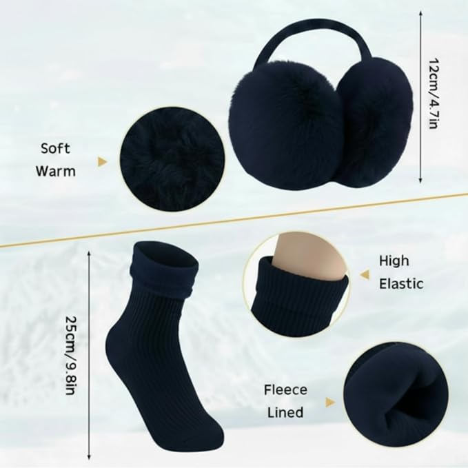 SATINIOR 5 Pcs Winter Beanie Hat Scarf Gloves Set Fleece Lined Knit Hat Warm Touch Screen Gloves Earmuff Warmer for Women(Navy Blue,Fashion Style)