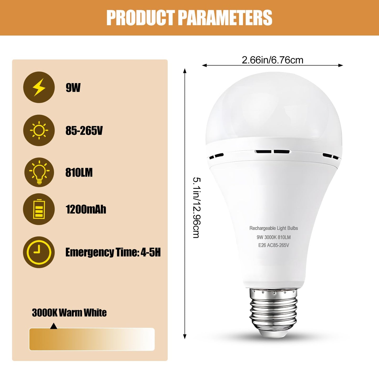 Emergency Rechargeable Light Bulbs 6 Pack, Keep Lighting When Power Failure, A21 9W 60W Equiv., Battery Operated Light Bulb with 1200mAh for Home Camping, Emergency Time 4-5 hrs(with Hook, Warm White)