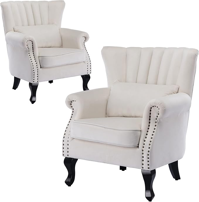 DM Furniture Velvet Accent Chairs Set of 2 with Arm Comfy Living Room Chair Mid-Century Modern Wingback Side Chair Single Sofa Couch for Bedroom Guest Room, Cream