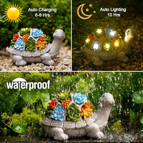 Nacome Solar Garden Outdoor Statues Turtle with Succulent and 7 LED Lights - Lawn Decor Tortoise Statue for Patio, Balcon...