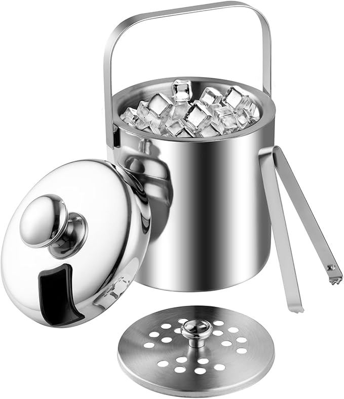 3 Liter Ice Bucket with Lid Scoop Tongs Strainer, Portbale Double Wall Stainless Steel Ice Container Freezer Drinks Cooler...