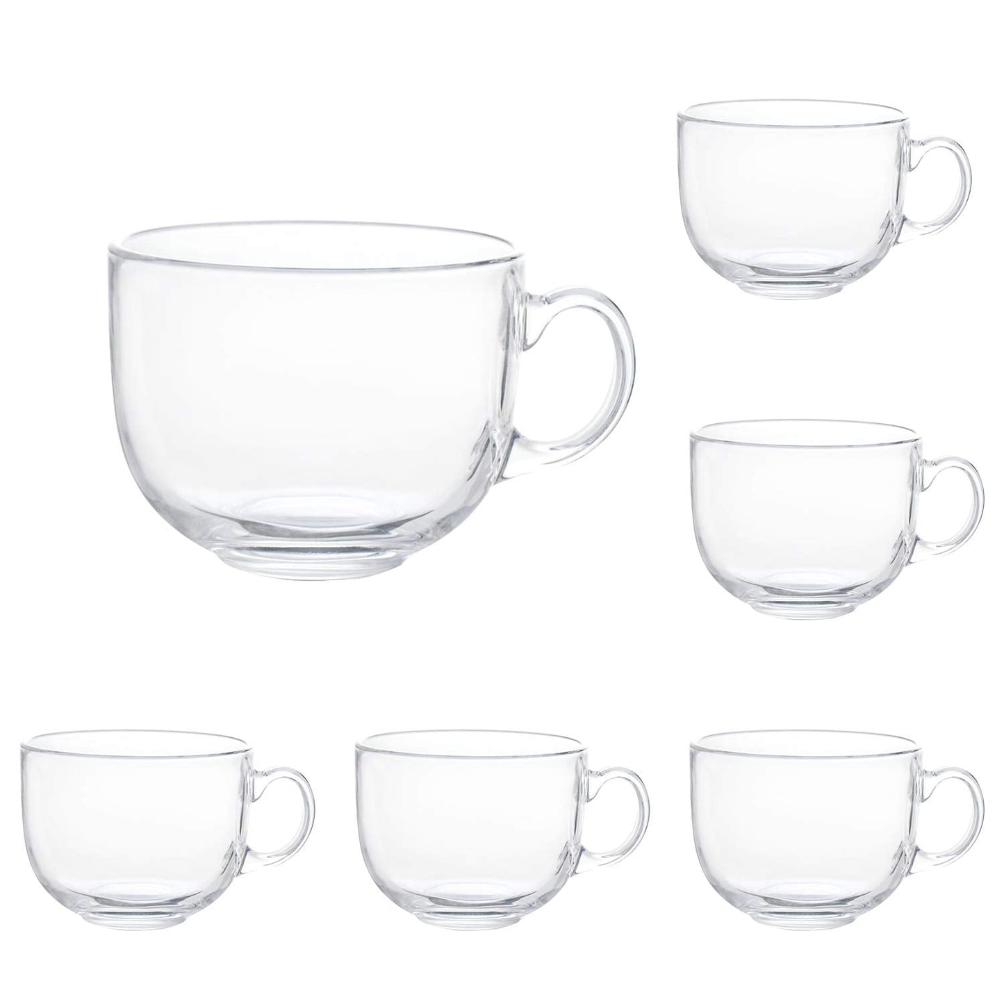 Maredash 16oz Glass Jumbo Mugs With Handle For Coffee, Tea, Soup,Clear Drinking Cup,Set of 6