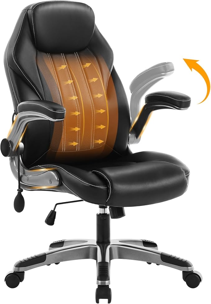Office Desk Chair, Ergonomic Computer Chair with Padded Flip-Up Arms and Adjustable Lumbar Support, PU Leather Executive C...