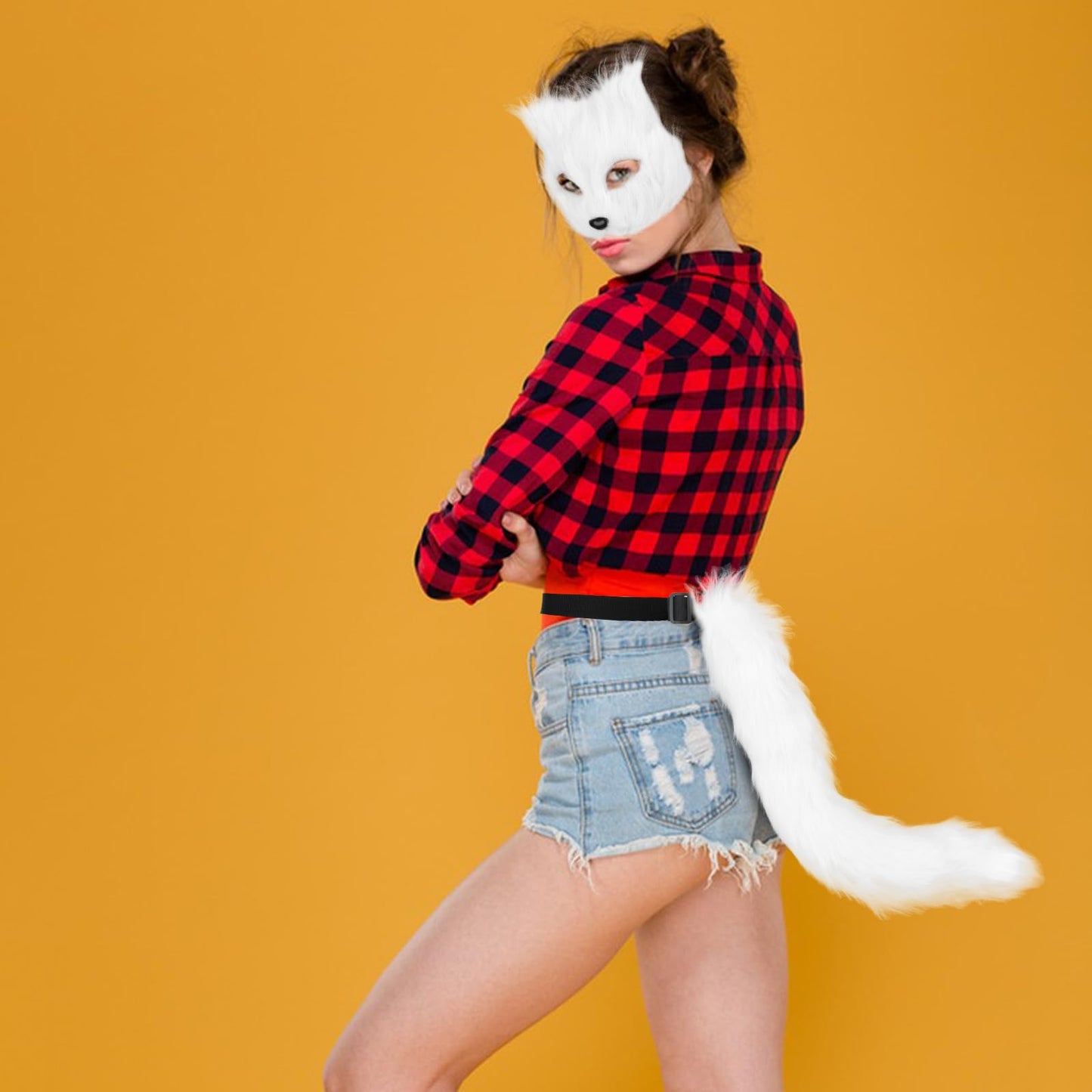 Jaciya Faux Furry Mask and Tail Set Halloween Costume Set for Women Fox Mask Wolf Tail Animal Party Costume-White