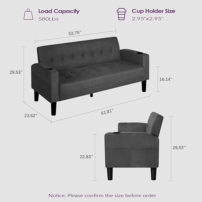 TYBOATLE Sofa Couch, Living Room Furniture Sectional Sofa Sets of 3 Pcs, Tufted Mid-Century Loveseat w/USB, Cupholders & Comfy Single Sofa for Small Space, Apartment, Office (Dark Grey)