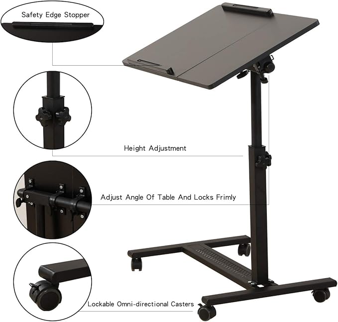 TigerDad Over Bed Table with Wheels Adjustable | Rolling Laptop Table Overbed Desk Hospital Tray Table Sofa Chair Side Table (Black)