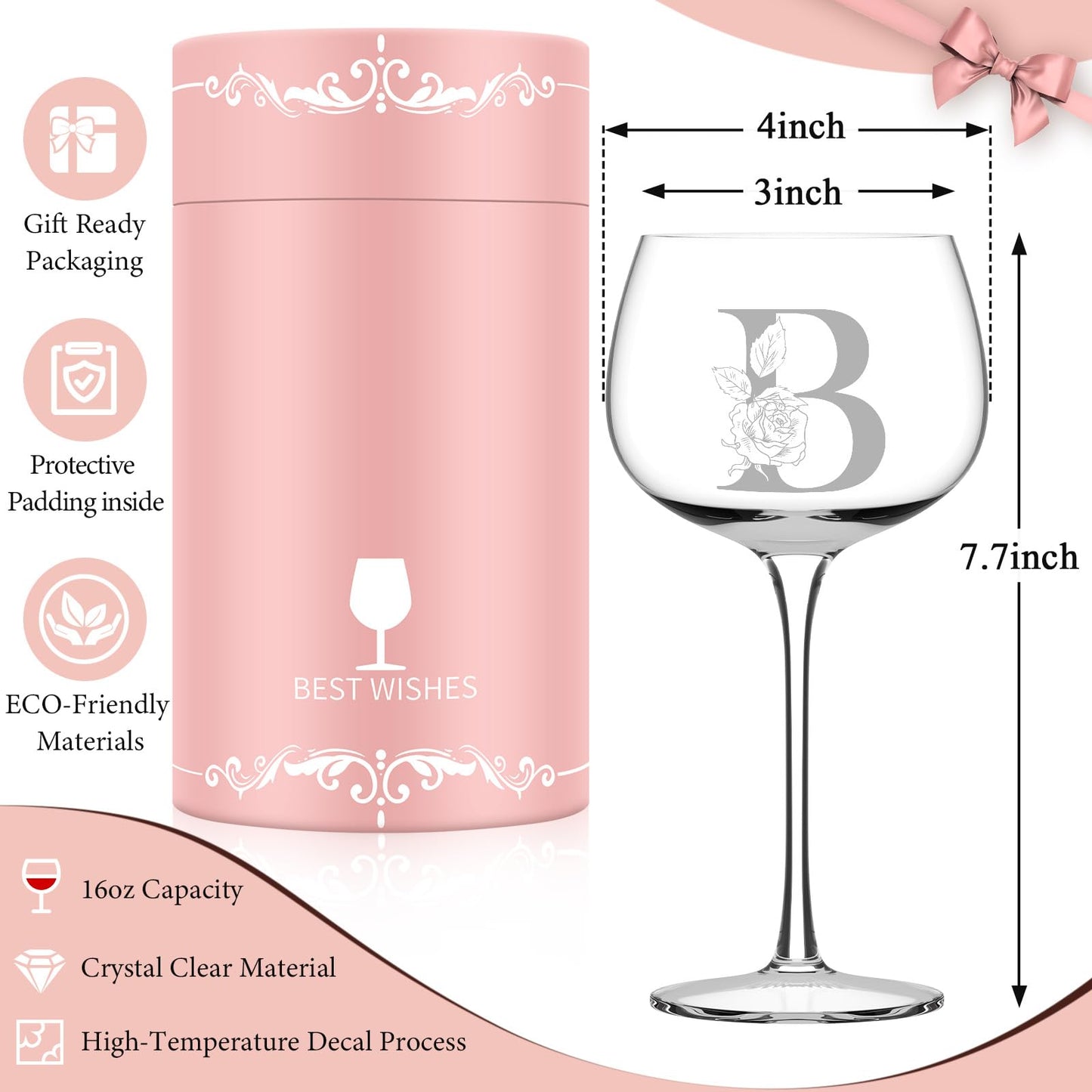 Personalized Gifts for Women, Monogrammed A-Z Wine Glass Customized Gift, Unique Christmas Birthday Gifts for Women Her Mom Friend Sister Wife Daughter Nurse (B)