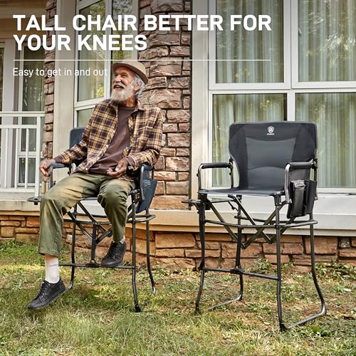 EVER ADVANCED Portable 30.7" Seat Height Tall Folding Camping Chair Directors Chair High Foldable Bar Stool with Side Tabl...