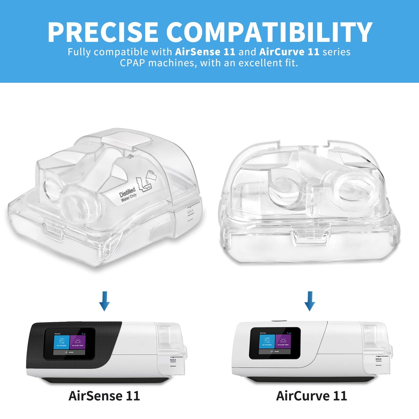 Replacement Water Chamber Compatible with ResMed AirSense 11 and AirCurve 11 CPAP Machines, Includes 10 Filter Packs