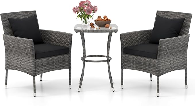 Tangkula 3-Piece Patio Furniture Set, PE Wicker Conversation Bistro Set w/A Tempered Glass Table & 2 Cushioned Chairs, Outdoor Table & Chairs Set for Patio Porch Yard Garden (Black)