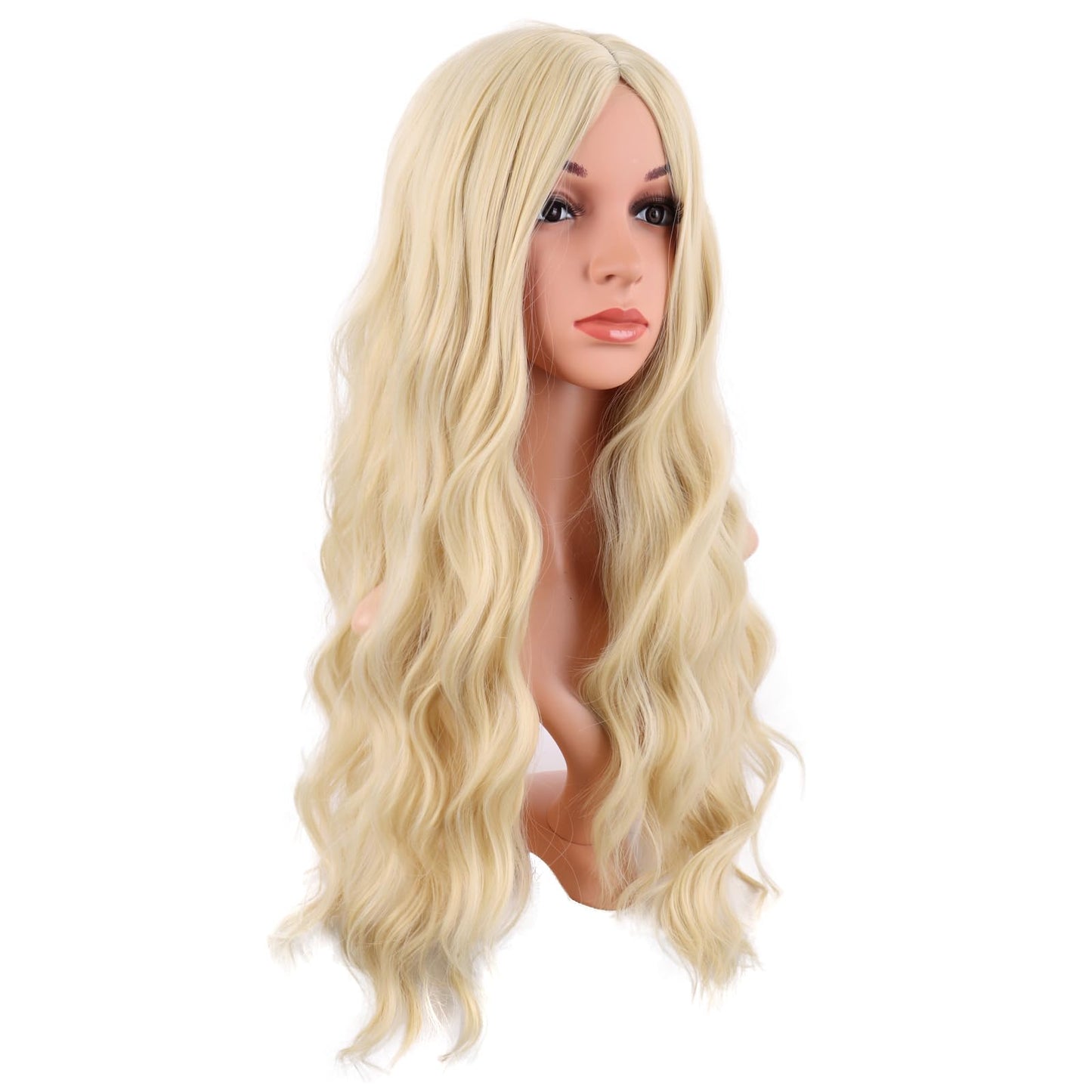 MapofBeauty 28 Inch/70 cm Long Wavy Middle Part with No Bangs Synthetic Fiber Curly Fashion Women Party Cosplay Wig (Mixed Blond