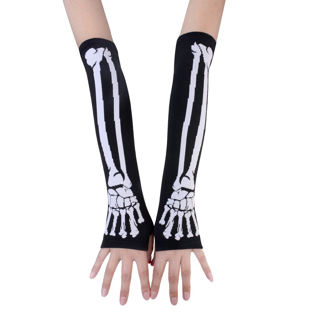 JISEN Women Punk Winter Arm Warmer Knitted Stretchy Soft Fingerless Gloves White Skeleton