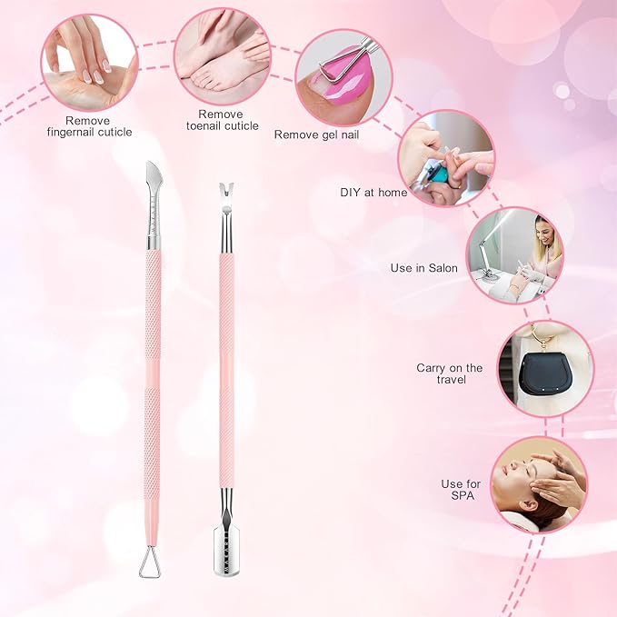 Makartt Cuticle Pushers, 2Pcs Stainless Steel Dual Ended Cuticle Remover with Spoon Pusher, Cutter, Scraper & Dead Skin Fork, Pink Manicure Pedicure Nail Care Kit