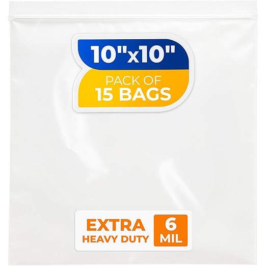 10" x 10" Medium Zip Seal Lock Bags, 6 Mil (Pack of 15) – Heavy-Duty Reclosable Plastic Bags – Clear, Resealable, Waterproof – For Storing and Organizing Clothes, Jewelry, and Travel Items