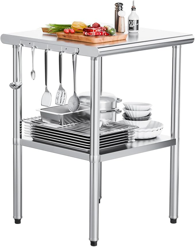 ROVSUN 24'' x 24'' Stainless Steel Table for Prep & Work,Commercial Worktables & Workstations, NSF Heavy Duty Metal Table with Adjustable UnderShelf for Kitchen Restaurant, Home, Hotel, Outdoor