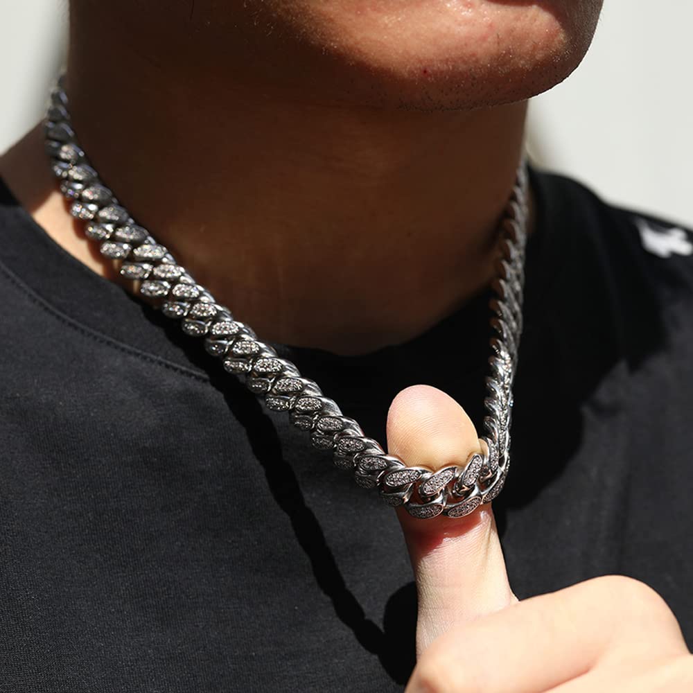 Apzzic 12mm Miami Cuban Link Chain Iced Out CZ Diamond Curb Choker Necklace with Giftbox for Men Women Silver 24inch