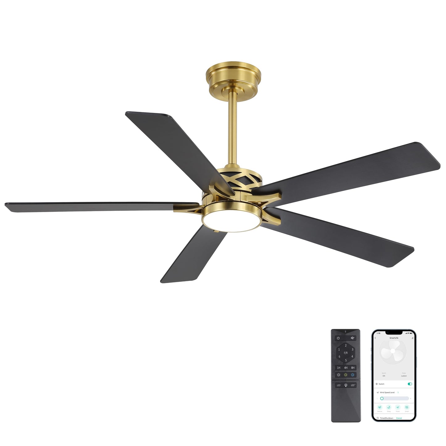 WINGBO 60" Smart Ceiling Fan with Lights and 3 Downrods, 5 Plywood Blades, 6 Speeds Reversible DC Motor, Works with Alexa and Google Assistant, 3CCT Dimmable LED Large Ceiling Fans, Brass and Black