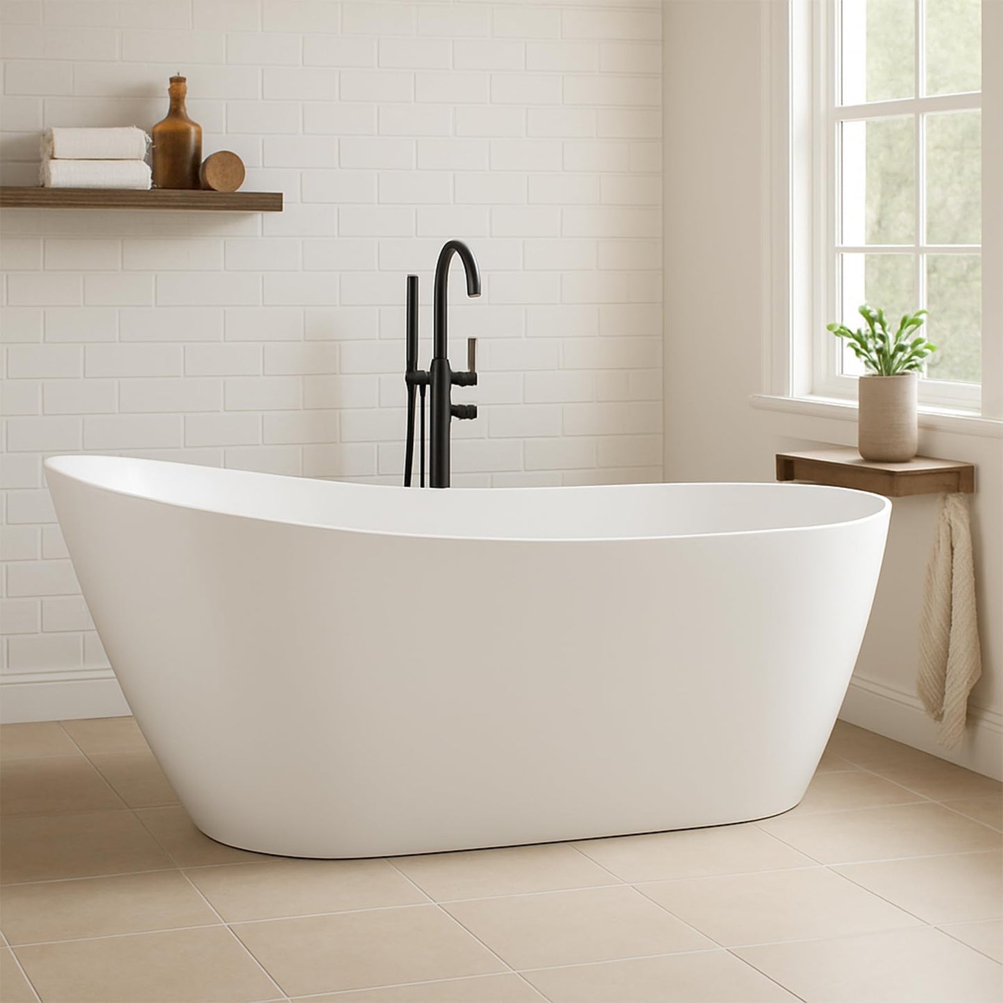 59" Acrylic FreeStanding Tub, Contemporary Deep Soaking Bathtub with Integrated Water Bypass and Drain, Gloss White Stand Alone Bath Tub, cUPC Certified Floor-Mounted Fixture, Gloss White