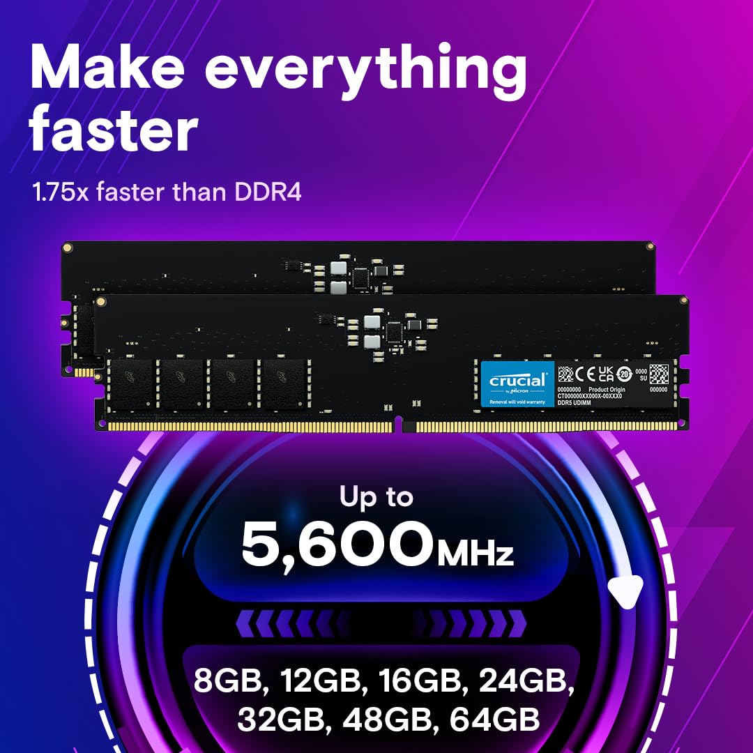 Crucial 16Gb Ddr5 Ram, 5600Mhz (Or 5200Mhz Or 4800Mhz) Desktop Memory, Udimm 288-Pin, Compatible With Intel Core And Amd Ryzen -