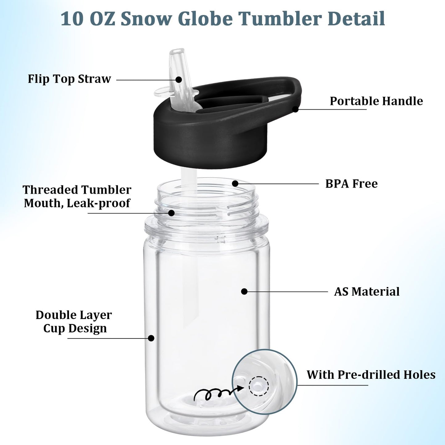Micellwuu 4 Pack 10 Oz Plastic Double Wall Snow Globe Tumbler, Snowglobe Tumbler with Pre Drilled Hole and Plug, Snow Globe Cups Kid Water Bottle DIY Gift for Scool, Sport