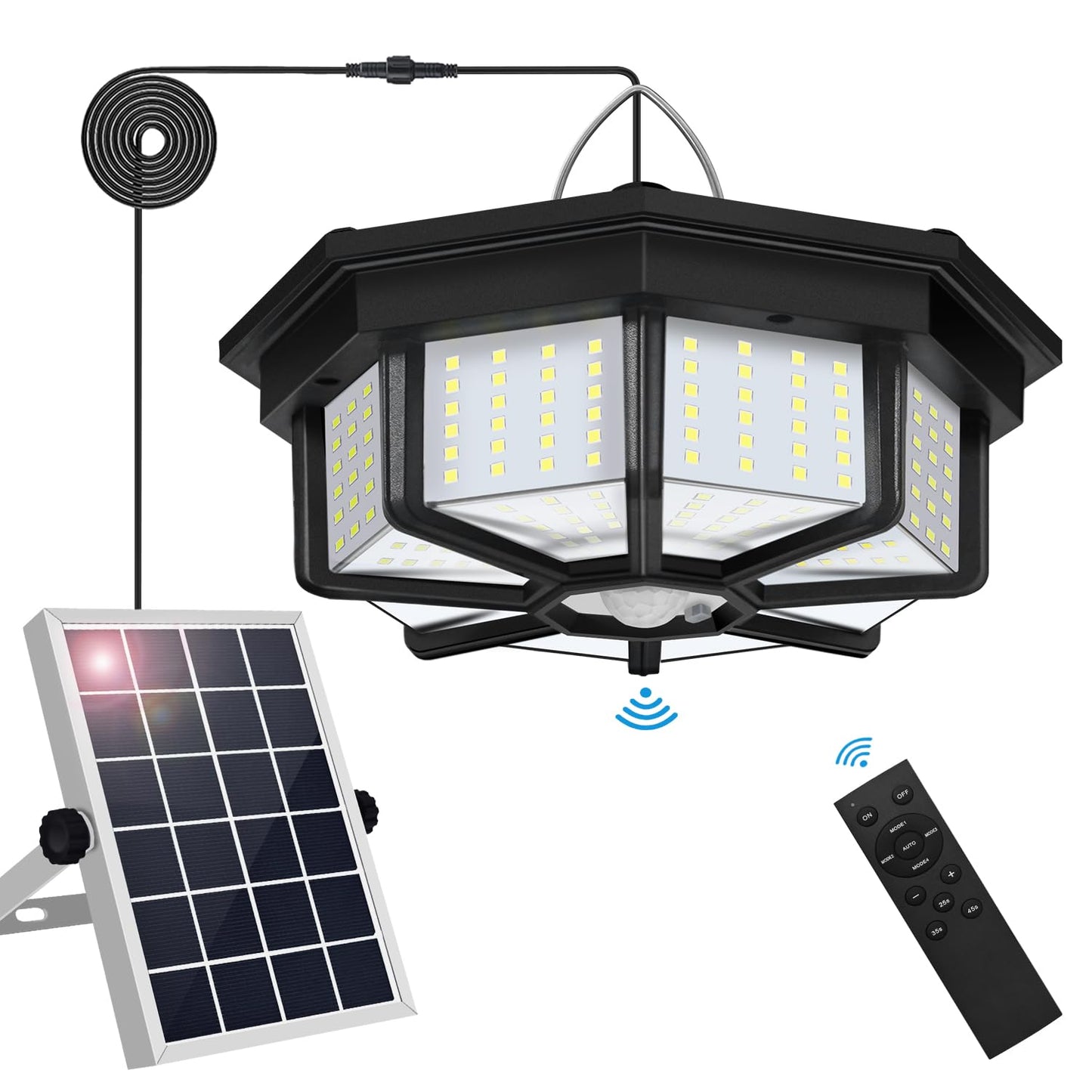 Solar Shed Light Indoor Outdoor, Aqonsie 288LED Solar Powered Motion Sensor Pendant Light Daytime Available, Solar Indoor Lights with 5 Lighting Modes & Remote for Shed Gazebo Barn Garage Home