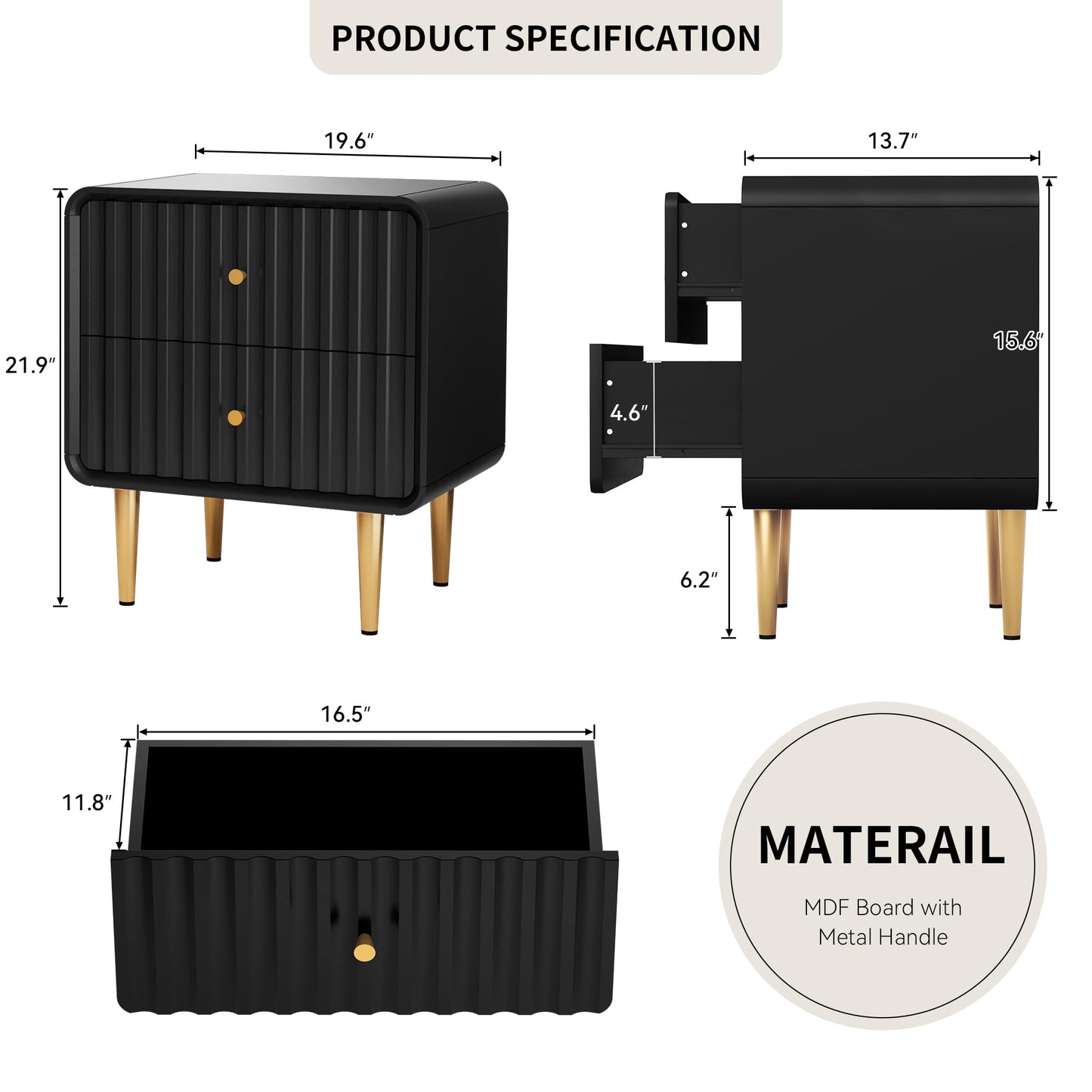 HLR Modern Nightstand, Fluted Bed Side Table with 2 Drawers Storage, Wood End Table with Gold Metal Handle, Black Night Stands for Bedroom