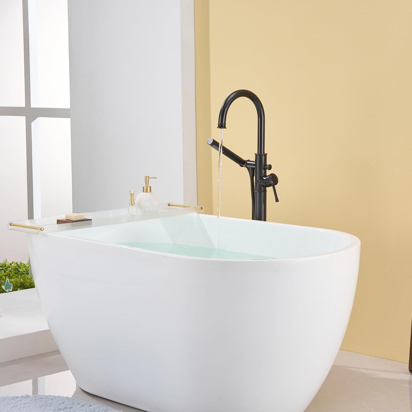 Wowkk Free Standing Tub Faucet Oil Rubbed Bronze Freestanding Bathtub Faucet Floor Mount Brass Bathroom Tub Filler with Hand Shower