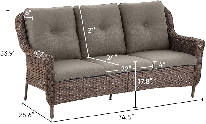 ACTREST Patio Couch Outdoor Wicker Sofa - Heavy Duty All-Weather Brown Rattan 3-Seater with High Back and Comfortable Thick Cushions for Garden Back Porch Poolside Apartment - Grey