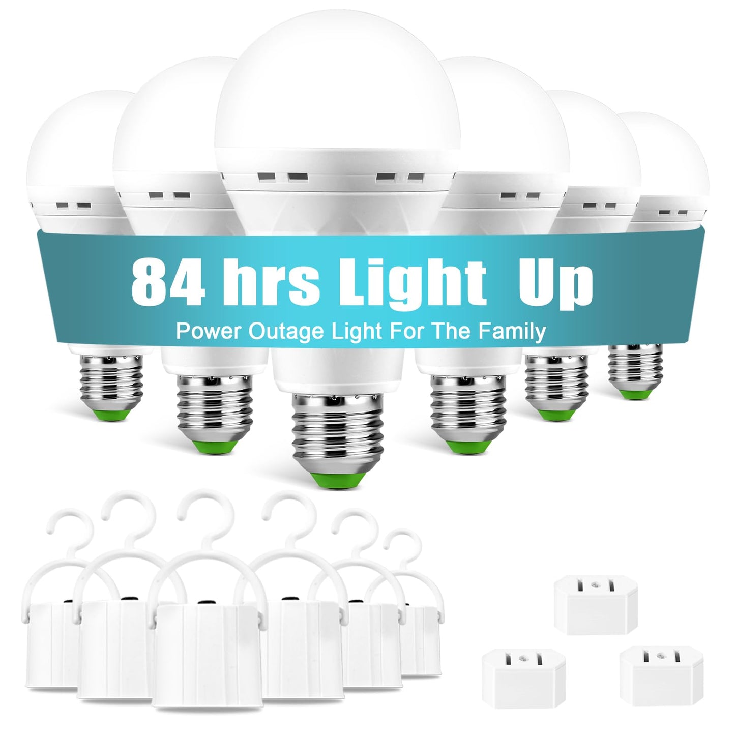 6 Pack Rechargeable Emergency Light Bulbs, Battery Powered LED Light Bulb 6000K Daylight E26 12W 60W Equivalent with 1500mAh for Home Power Outage Camping Hiking(6 Bulbs, 6 Hooks,3 Plug Caps)