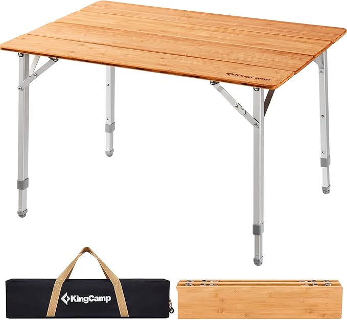 KingCamp Adjustable Height Folding Table, 4-Fold Bamboo Camping Outdoor Portable RV Camp Table with Carry Bag for Outdoor ...