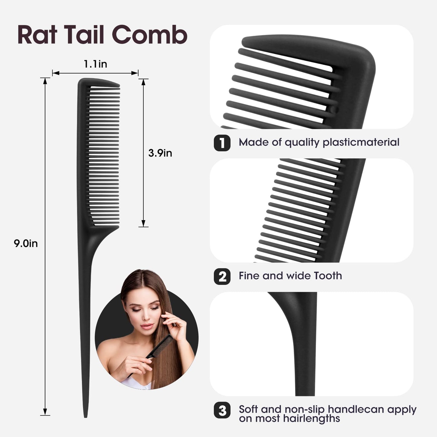 Rat Tail Comb Set-3Pcs Rat Tail Hair Teasing Fine Tooth Combs for Women Girls, Parting &Hair Styling Tools(Black)