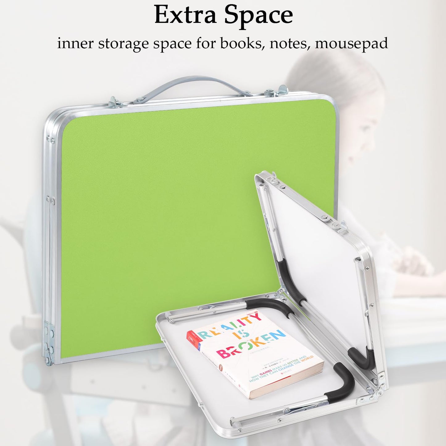 Folding Bed Desk Portable Laptop Lap Desks with Storage Shelf Foldable Bed Tray Table for Eating Outdoor Mini Picnic Beach Card Table, Green