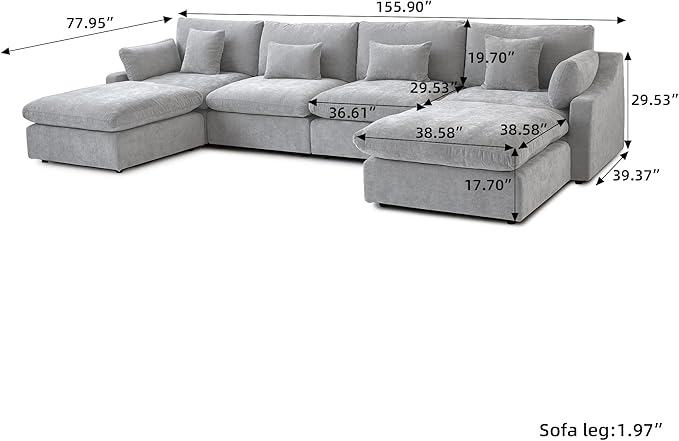 WJShome 160" Cloud Couch Modular Sectional for Living Room, Down Filled U Shaped Couch with Ottoman,Modern 6 Seater Convertible Couches, Sofa Covers Washable&Replaceable,Gray