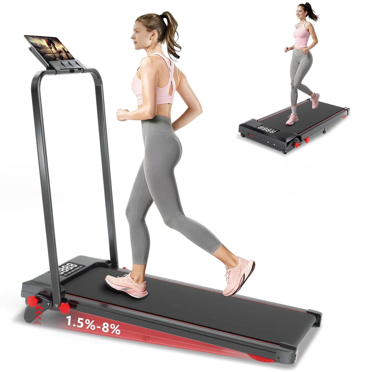 Ecogou Walking Pad with Handle Bar and Incline, 4 in 1 Under Desk Treadmill with Hiking Mode, 2.5HP Low Noise Walking Treadmill Pad with Remote Control,Portable Treadmills for Home Office, Led Display