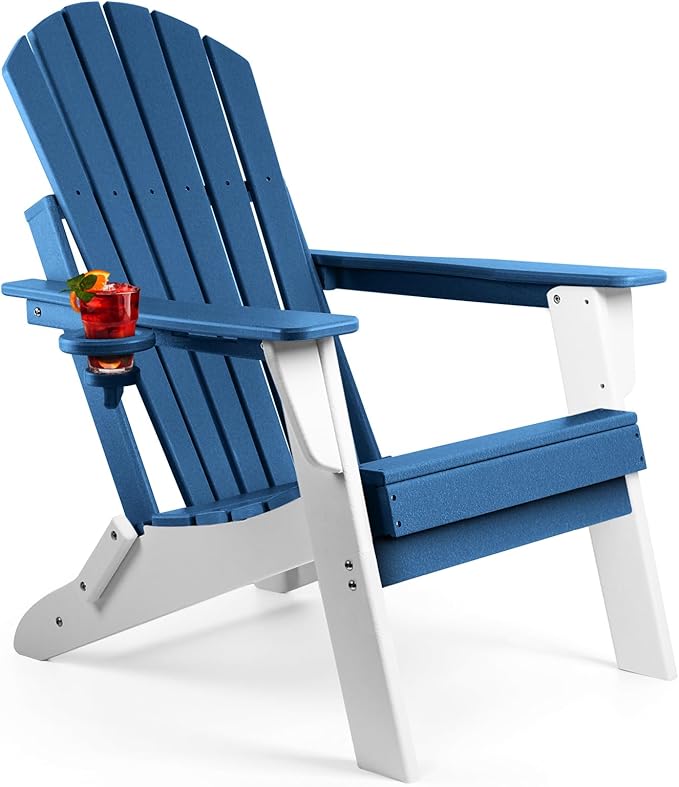 FUNBERRY Folding Adirondack Chair, Blue & White All Weather HDPE Fire Pit Chairs with Cup Holder for Outdoor