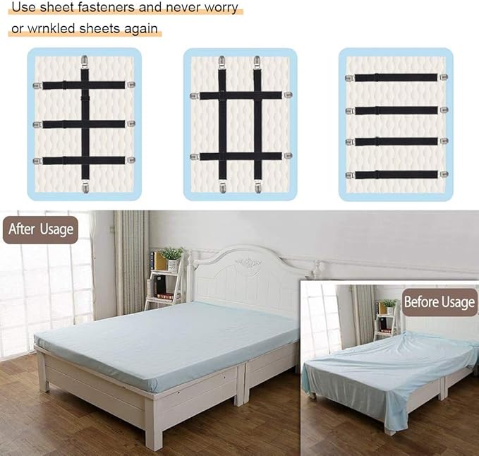 4Pcs Adjustable Bed Sheet Straps Clips, Elastic Mattress Sheet Fasteners Holder and Suspenders, Grippers to Hold Sheet, Mattress, Sofa, Couch, Table Cloth, Recliner Ironing Board Cover and More