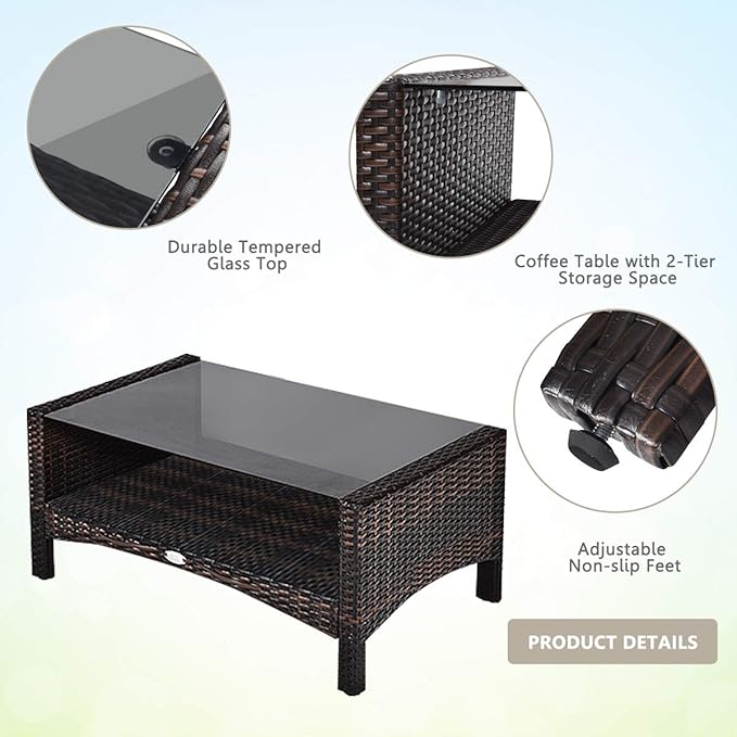 HAPPYGRILL 4-Piece Patio Furniture Set Outdoor Rattan Wicker Sofa Set with Cushions & Coffee Table, Conversation Sofa Set with Tempered Glass Table Top and Storage Shelf