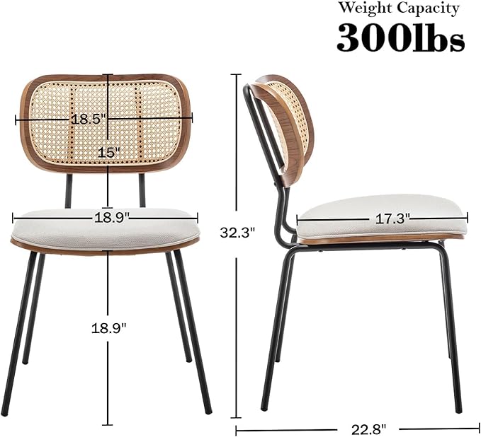 HOCEWI Rattan Dining Chairs Set of 2, Mid Century Modern Dining Chairs with Cane Back for Kitchen Dining Room, 19 Inch Fabric Beige