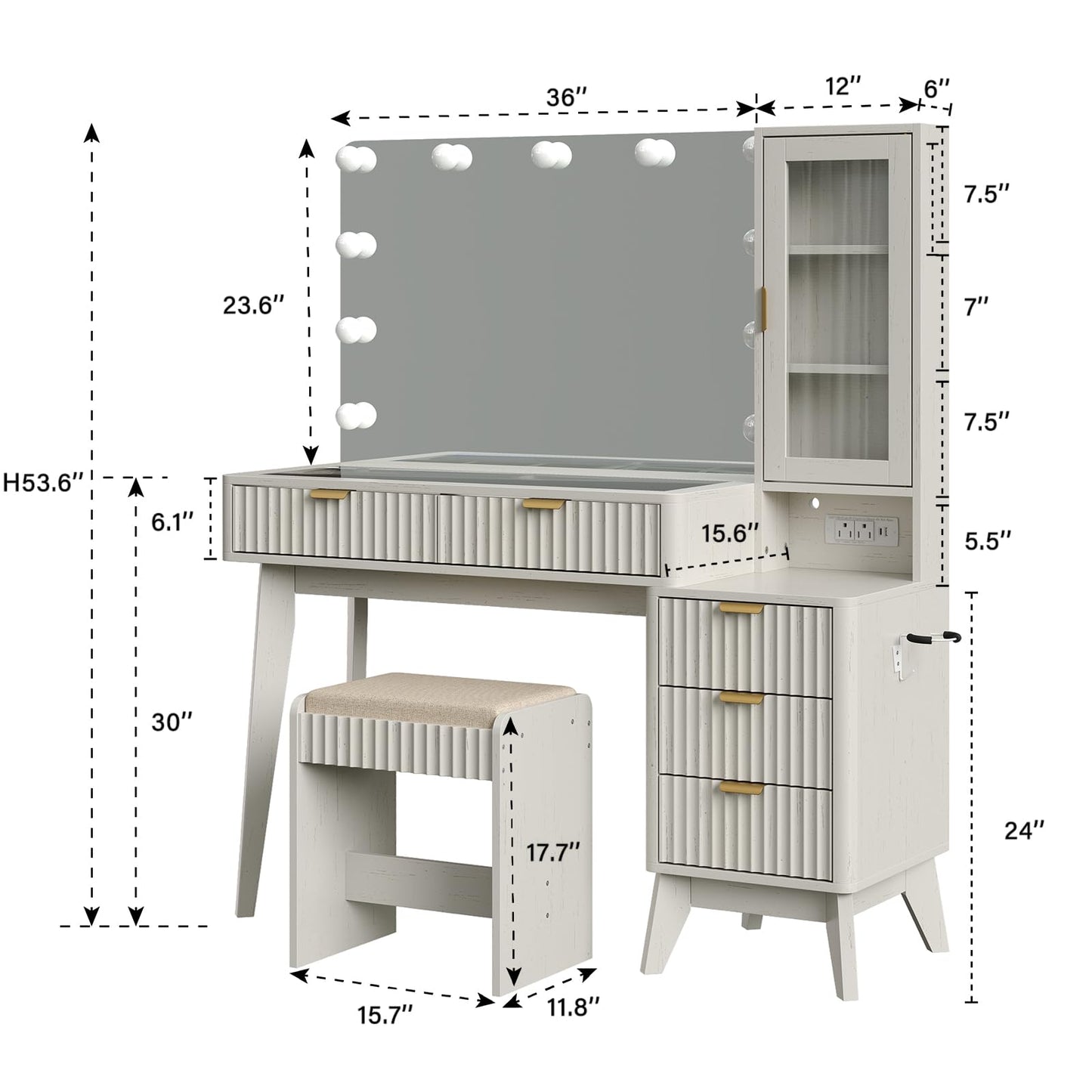 CollaredEagle Fluted Makeup Vanity Desk with 36" 11 LED Lights Mirror, 48" Big Modern Vanity Desk with 5 Drawers and Storage Shelves & Power Outlet, Glass Top for Bedroom, White
