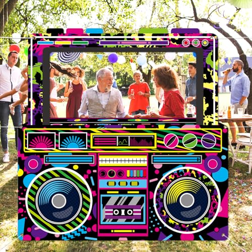Radio Boombox Photo Booth Props for 80s 90s Party Decorations 59 X 59 Inch, Neon Radio Boombox Selfie Frame Backdrop Hangi...