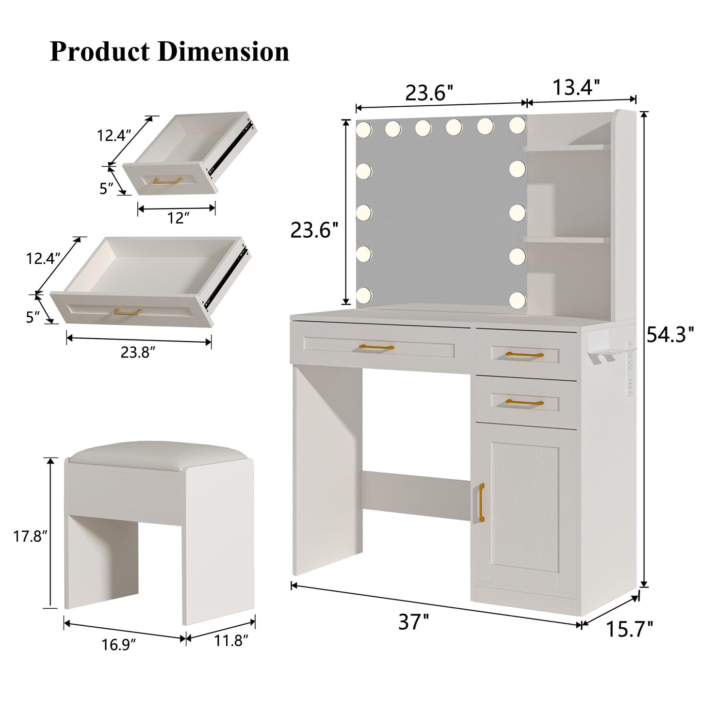 HUAHUU Vanity Desk with Lights, 37inch Makeup Vanity Desk with Mirror & Power Outlet, 3 Colors Lighting Adjustable Brightness, Makeup Vanity Set with Cushioned Chair and Cabinet, 3 Drawers, White