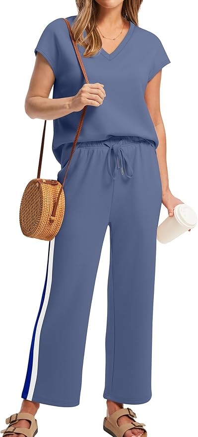 Saloogoe Two Piece Sets for Women Summer Outfits Lounge Sets V Neck Tops Wide Leg Pants Woman Vacation Travel Outfits