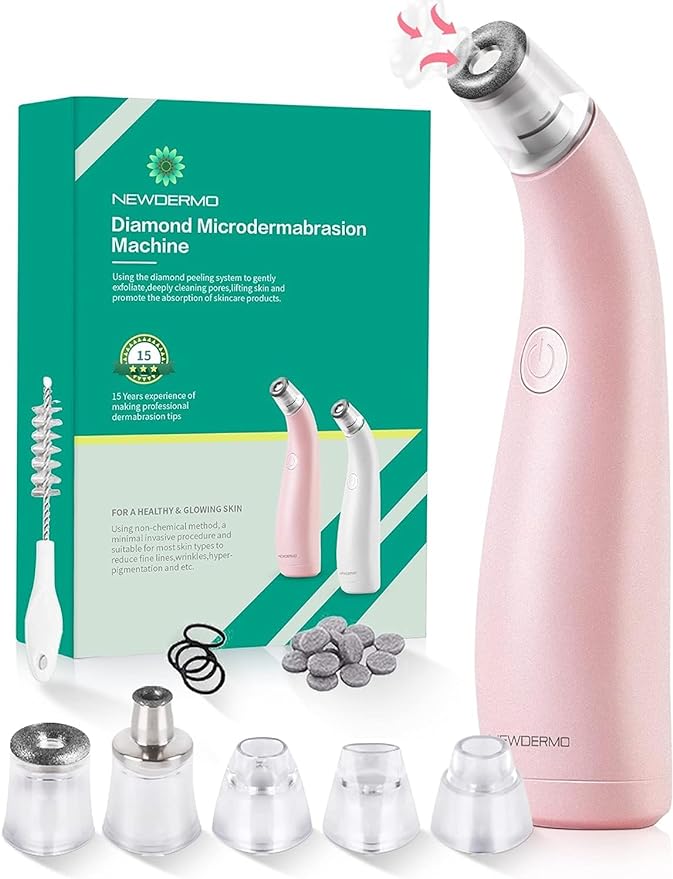 NEWDERMO 2-in-1 Microdermabrasion Machine for Facial, Diamond Microdermabrasion Device USB Rechargeable - Advanced Home Facial Treatment Machine (Pink)