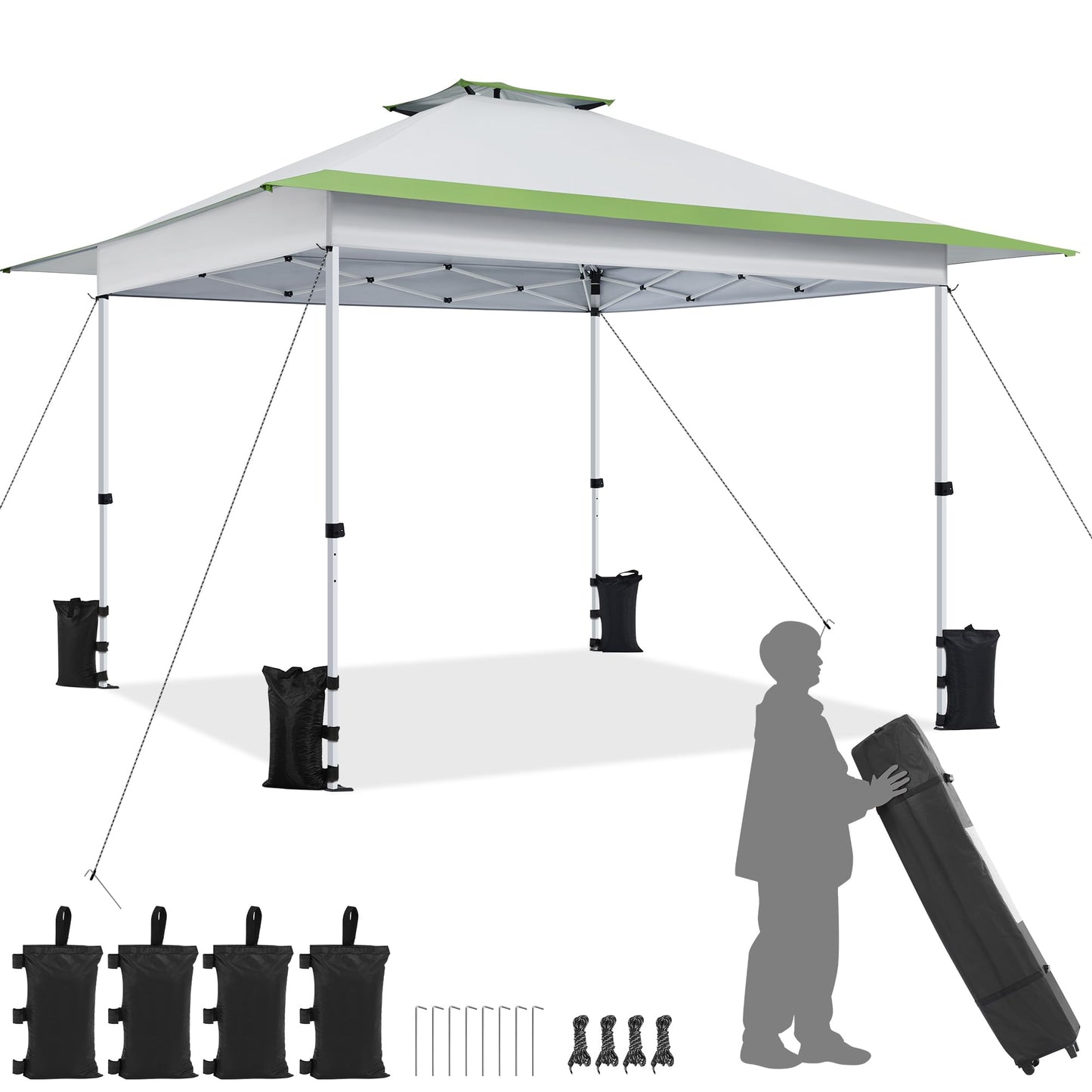 Yaheetech 13x13 Pop Up Canopy Tent, Straight Leg Easy Single Person Set-up Folding Shelter w/Extending Eaves w/Rolling Storage Bag & Sandbags for Garden, Patio, Lawn, Backyard, Deck, Light Gray/Green