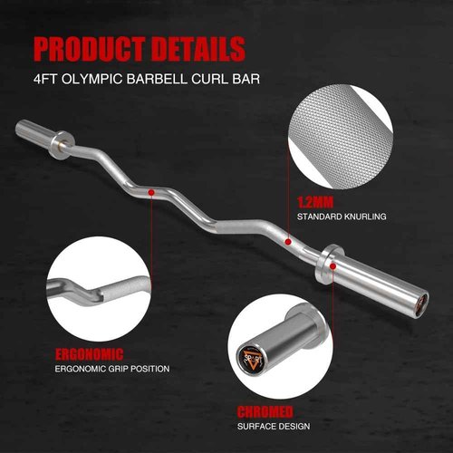 Olympic Barbell EZ Curl Bar, 47INCH/4FT Strength Training Curling Bar with Knurled Grip Chrome Barbell Bar for Weightlifting, Copper Sleeve Barbell for 2-inch Weight Plates, 500 LBS Capacity