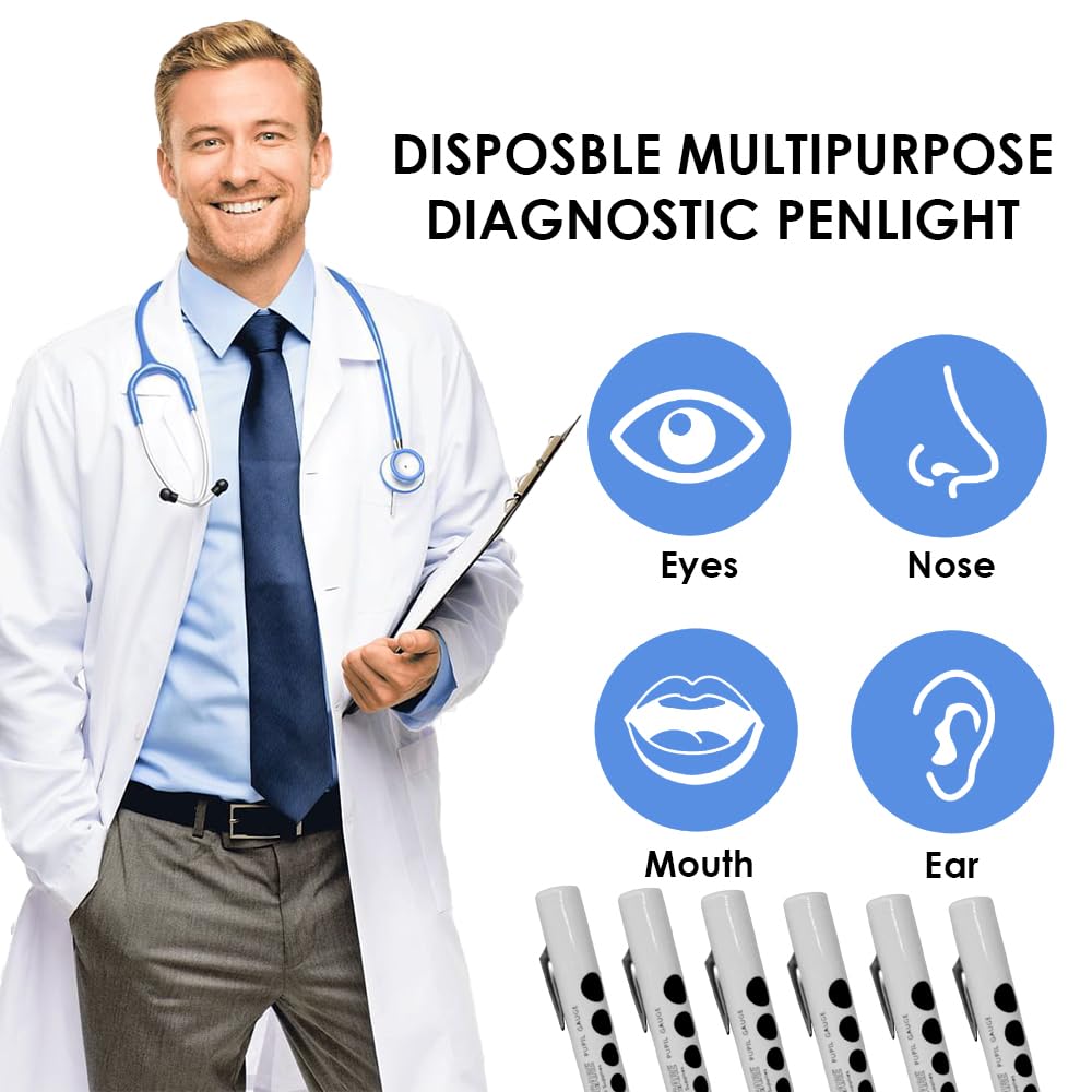 Primacare DL-9223 Pack of 6 Disposable Diagnostic Penlight with Imprinted Pupil Gauge, Lightweight and Moulded Plastic Body Medical Pen Light for Nurse, Student, Doctors EMT, White