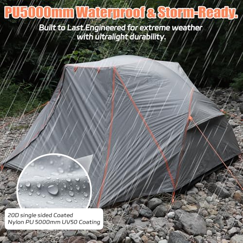 LEQC Stable Windproof 2 Person Camping Tent: 20D SIL-Nylon PU5000 Waterproof Fly, 7001 Aluminum Poles, 4 Guy Lines and 16 ...