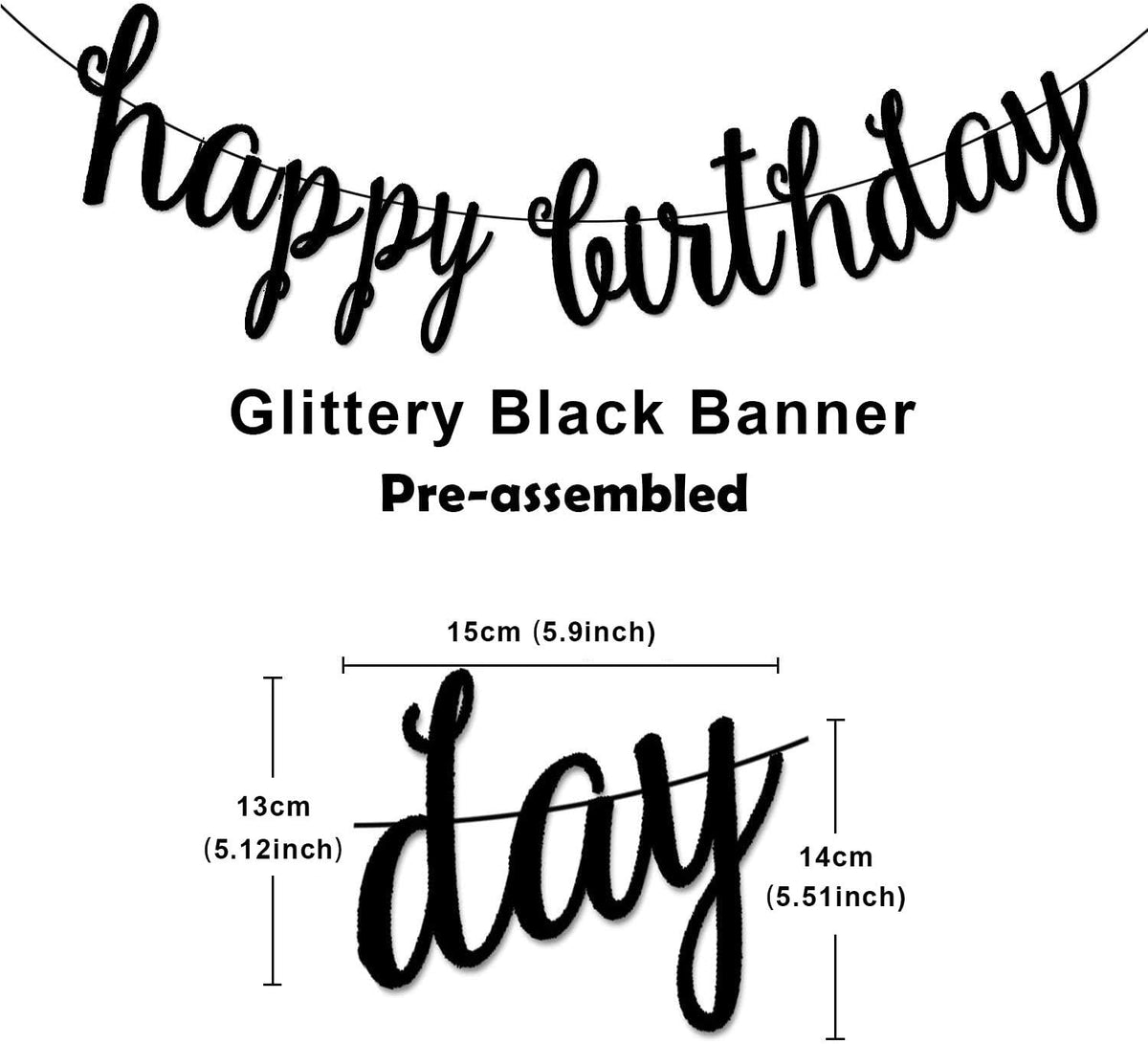 Black Happy Birthday Banner Decoration Kit, Glittery Banner Circle Dots Garland with Black Silver Hanging Swirls for Birthday Baby Shower Party Decorations Supplies, Pre-Strung
