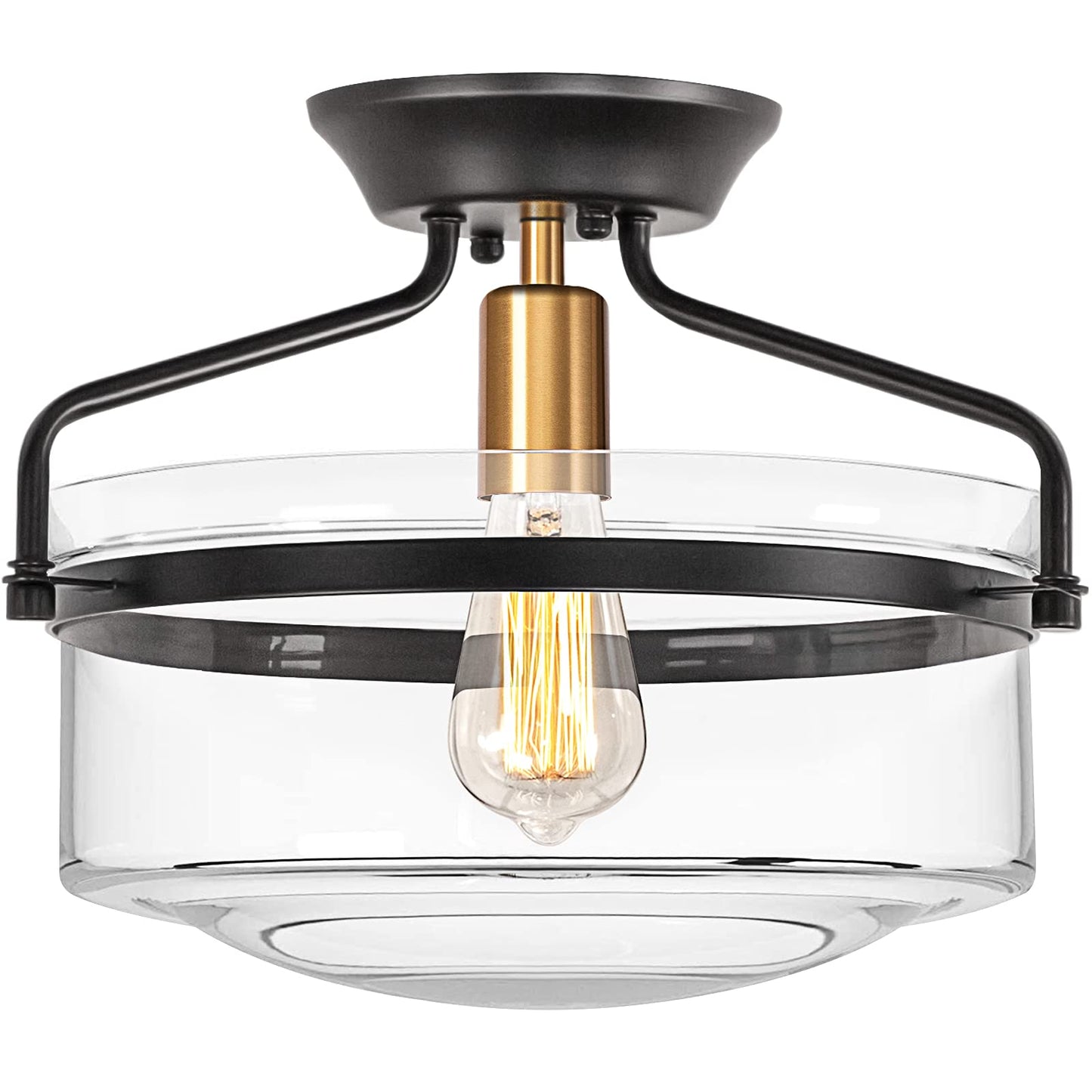 Ledsyonda Semi Flush Mount Ceiling Light, 14.2" Farmhouse Fixture, Industrial Black and Gold Finish With Clear Glass for Hallway, Porch, Kitchen